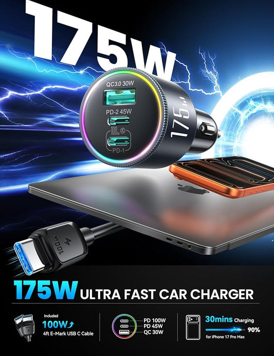 JOYROOM 175W Super Fast Car Charger [GaN] 3-Port Car Charger USB C Fast Charge with USB-C Cable, Car Cigarette Lighter USB Charger for iPhone 17/16/15, Samsung S26/25, Pixel 10, MacBook, iPad and More
