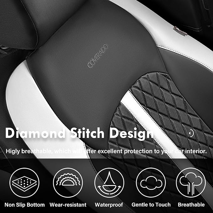 Coverado Universal Leather Seat Covers Full Set for 5 Seats – Waterproof, Durable All-Weather Protector for SUV, Pickup Truck, Sedan, White&Black