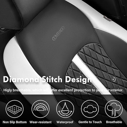 Coverado Universal Leather Seat Covers Full Set for 5 Seats – Waterproof, Durable All-Weather Protector for SUV, Pickup Truck, Sedan, White&Black