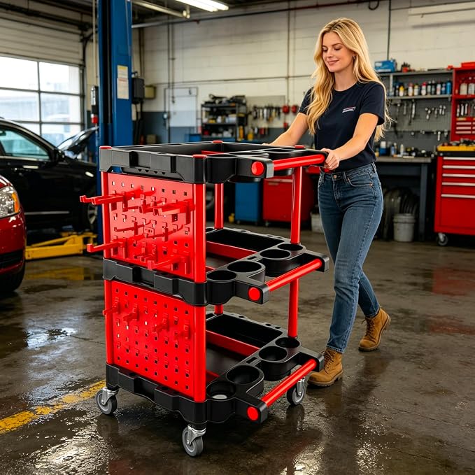 Auto Detailing Cart with Wheels, 3 Tier Rolling Detail Cart with Long Hanging Plate & Hooks & Brush & Towel and Gloves, for Detailers Garage, Workshop, Repair Shop, Storage Tool