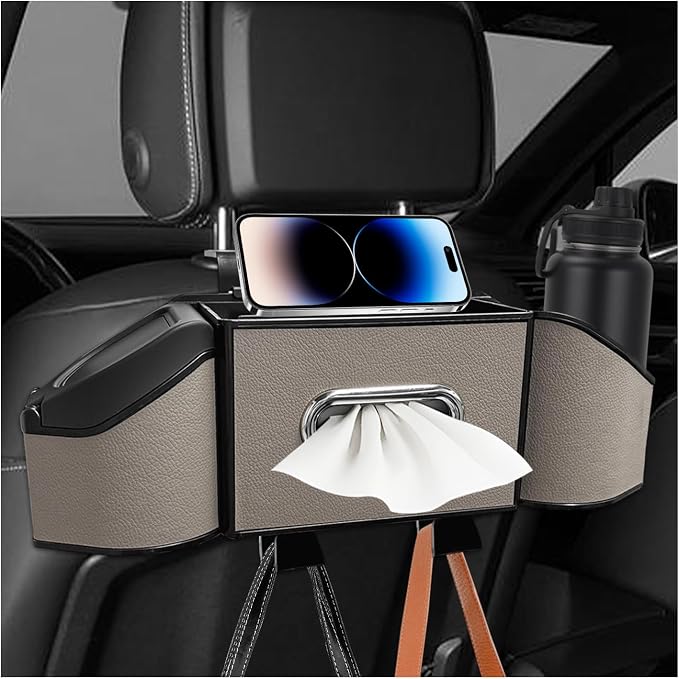 Car Backseat Organizer, 7-In-1 Multifunctional Car Headrest Storage Box with Hook Phone Holder & Cup Holder, Vehicle Hanging Seat Back Organizer for Hold Phone Snacks Drinks (Gray)