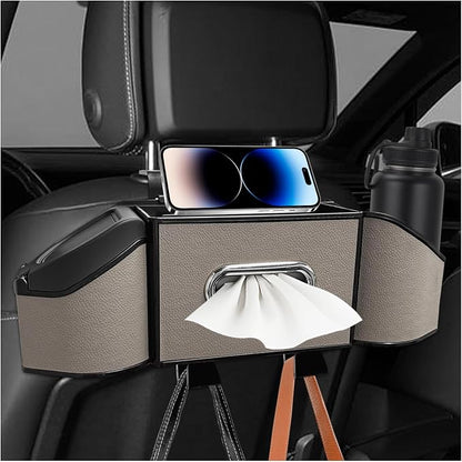 Car Backseat Organizer, 7-In-1 Multifunctional Car Headrest Storage Box with Hook Phone Holder & Cup Holder, Vehicle Hanging Seat Back Organizer for Hold Phone Snacks Drinks (Gray)