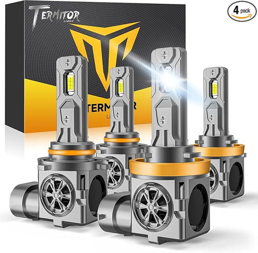 Termitor Upgraded H11 9005 Light Bulbs Combo, 100,000LM Super Bright H9 H8 Bulbs, 85000+Hrs Long Life, 1:1 Halogen Fit Plug-N-Play H9 H8 HB3 Off Road Lights, 6500K White, Pack of 4
