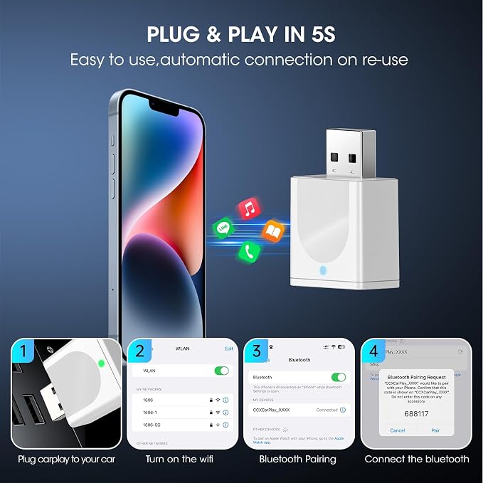 Wireless Carplay Adapter for iPhone, Convert Wired to Apple Carplay Wireless Adapter, Mini Size with Bluetooth 5.3 WiFi 5.8 GHz, Plug and Play, Connection Stable No Delay, White