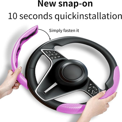 Carbon Fiber Steering Wheel Cover, 2-Piece Set Anti-Skid Comfortable Grip Segmented Butterfly Design, Easy Snap-On Installation Universal Fit 99% Cars, Pink