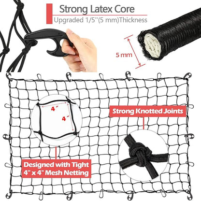 Natural Latex Core Super Duty Cargo Net for Pickup Truck Bed 4'x6' Stretches to 8'x12' | 12 Carabiners + 12 Hooks | Small Tight 4”x4” Mesh Bungee Net for Ford, Dodge, Chevy, Toyota, GMC