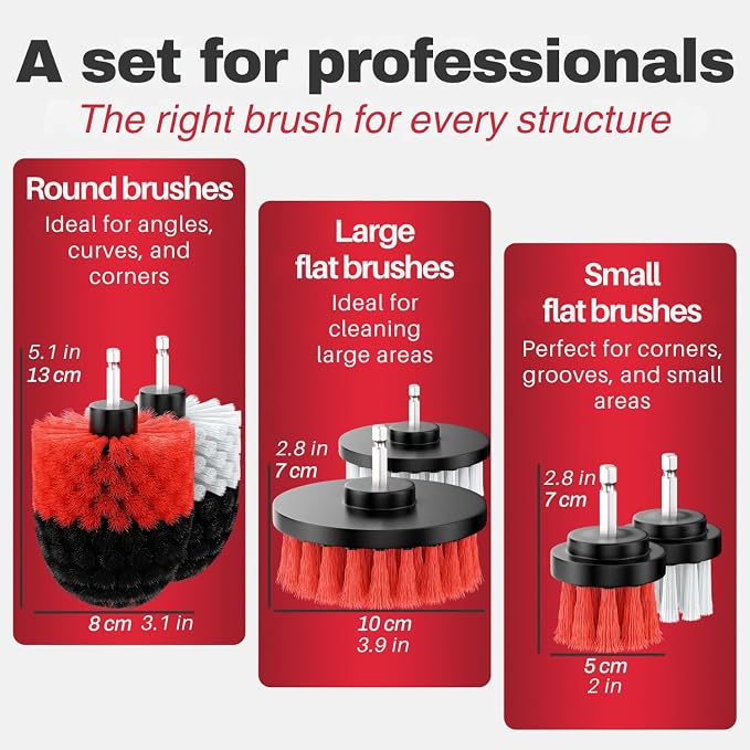 Drill Brush Attachments for Cleaning [Set of 6] Universally Cleans Cars, Rims, Upholstery, Tiles, and More I Brush Drill Attachment for Cleaning I Drill Brush for Car Detailing (Red-White-Black)