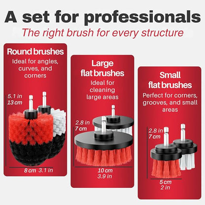 Drill Brush Attachments for Cleaning [Set of 6] Universally Cleans Cars, Rims, Upholstery, Tiles, and More I Brush Drill Attachment for Cleaning I Drill Brush for Car Detailing (Red-White-Black)