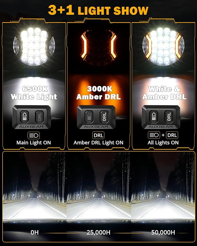 Auxbeam 9 Inch 300W LED Pod Lights, V-Ultra Series Round Spotlights with Amber DRL & 270° Side Shooter, 35600LM Universal Off-Road Driving Lights with DT Harness & Protective Covers, Pair
