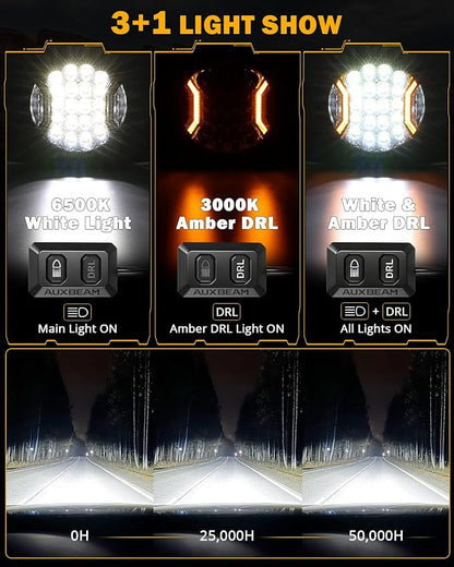 Auxbeam 9 Inch 300W LED Pod Lights, V-Ultra Series Round Spotlights with Amber DRL & 270° Side Shooter, 35600LM Universal Off-Road Driving Lights with DT Harness & Protective Covers, Pair