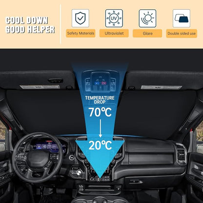 Front Windshield Sun Shade Compatible with Dodge RAM 1500 2010-2023 2024 2025 2026, Sun Visor Protector Blocks UV Rays Sunshade for RAM 2500 3500 Foldable Interior Accessories