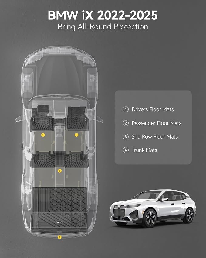 3W BMW iX Floor Mats & Cargo Liner 2022 2023 2024 2025, xDrive45/50/60 M60 M70, All Weather TPE Custom Fit Floor Liner, 1st 2nd Rows & Trunk Mat Full Set Car Accessories
