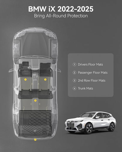 3W BMW iX Floor Mats & Cargo Liner 2022 2023 2024 2025, xDrive45/50/60 M60 M70, All Weather TPE Custom Fit Floor Liner, 1st 2nd Rows & Trunk Mat Full Set Car Accessories