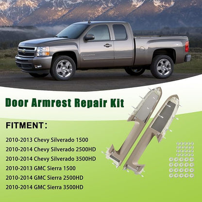 Upgraded Door Armrest Repair Kit Left Driver & Right Passenger Side Door Panel Handle Tan Compatible with 2010-2014 Chevy Silverado GMC Sierra 1500 2500HD 3500HD Replaces 22818467 22818472