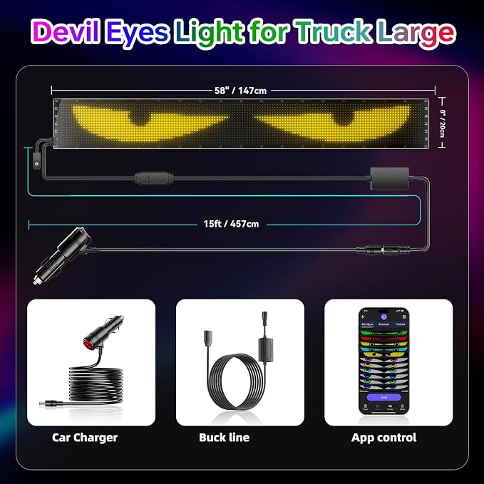 Devil Eyes Light for Cars,Flexible Scrolling Programmable LED Signs,LED Eyes for Truck Windshield,Custom Editor Colours,Animations,Text