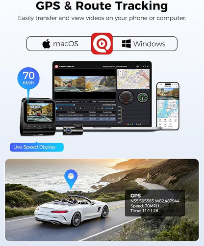 4K Dash Cam Front and Rear, WiFi6 Dash Camera for Cars, HDR Dashcam with Voice Control ADAS GPS, Night Vision, Motion Detection 24H Parking Mode, Advanced Timeline Playback APP, 64GB Card Included