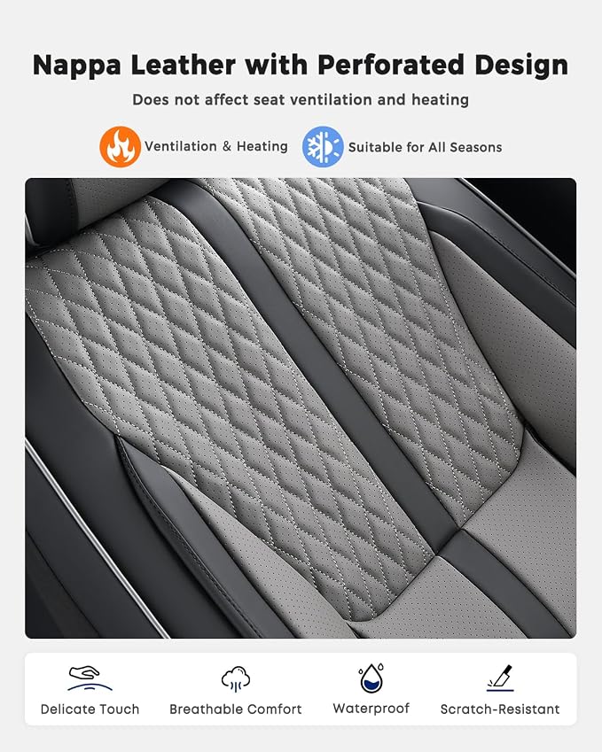 Huidasource Car Seat Covers Front Seats, Luxury Nappa Leather Front Seat Covers with Airbag, Lumbar Support, Cooling＆Heating, Seatbelt Buckles, Universal Fit for Most Cars SUV Trucks, Black＆Gray