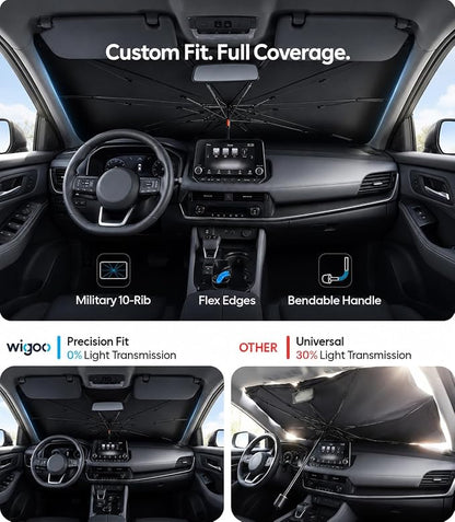 Wigoo Windshield Sun Shade Umbrella for Nissan Rogue 2008-2025 [100% Sun Blockage, Ice Cooling Fabric] Foldable Heat Insulation Front Window Sunshade Umbrella for Nissan Rogue 2008-2025