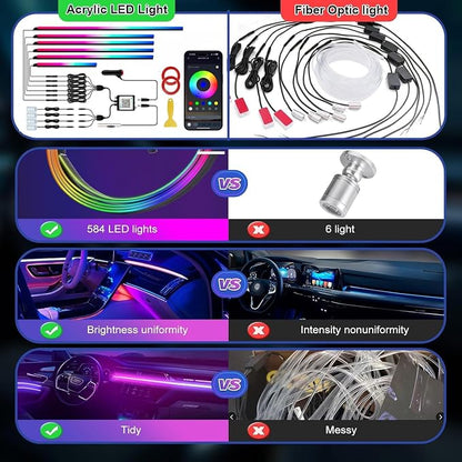 Smart LED Car Lights Interior with USB Port, Acrylic LED Strip Fiber Optic Ambient Lighting Car, Wireless App Control, Sync to Music, Car Decorations Interior Accessories Gifts for Women Men, 10 in 1