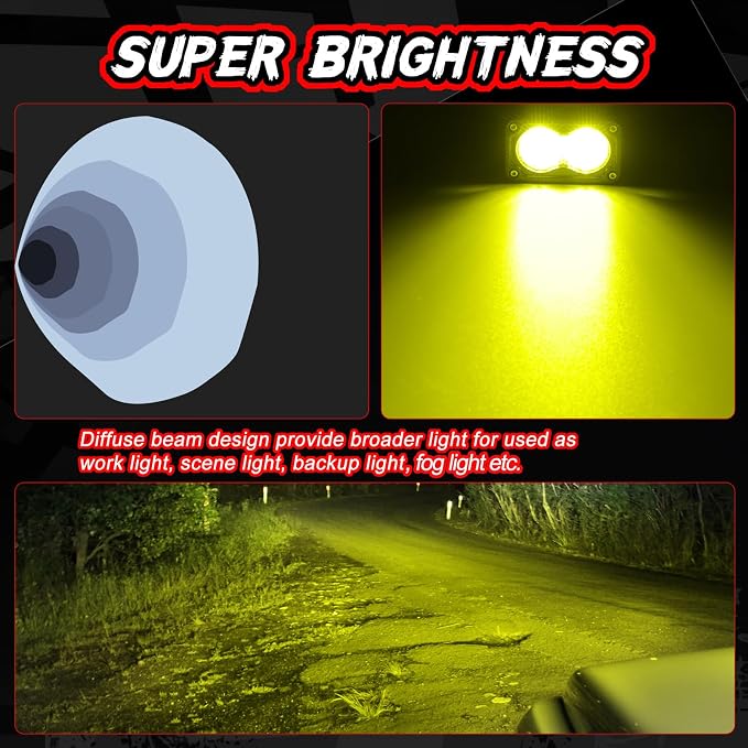 3 Inch LED Pod Light Yellow 2Pcs 40W Off Road Driving Rear Chase Light Bright LED Work Cube Light Waterproof Backup Yellow Fog Light Bar for Truck Pickup ATV UTV SUV Motorcycle Boat
