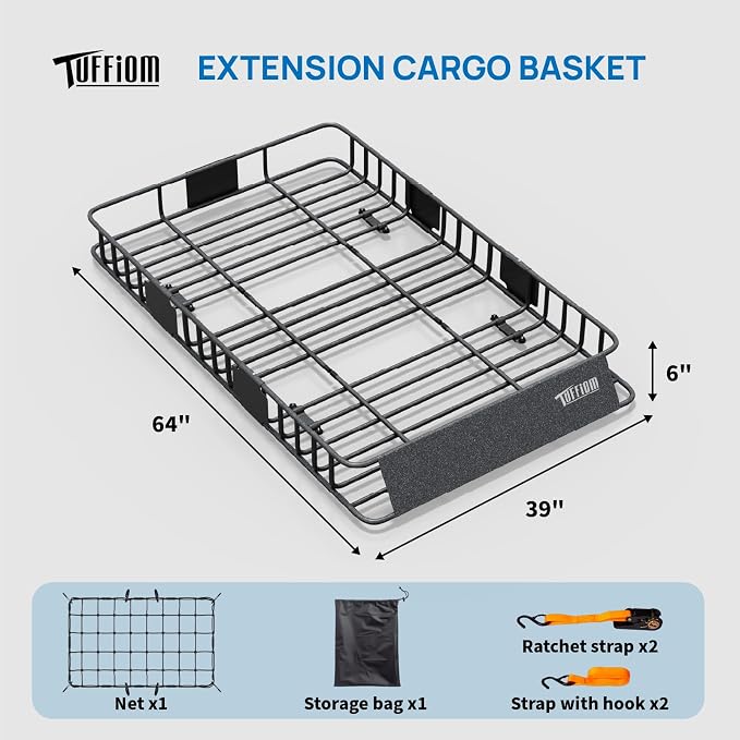 TUFFIOM 64"x 39"x 6" Universal Rooftop Cargo Carrier Basket, Extendable Steel Roof Rack Basket w/Net+Storage Bag+Straps, Heavy Duty Car Top Rack Luggage Holder Carrier for SUV Car Truck Van