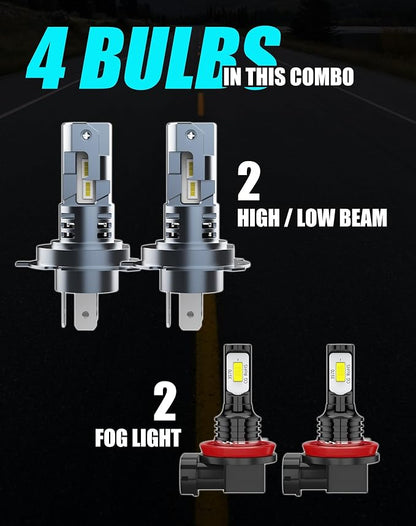 Bulb Combo for Toyota Tacoma 2012 2013 2014 2015 Hi/Lo Beam and Fog light | for halogen H4/9003 High Low Beam and H11/H8/H9 Fog Lamp Bulbs, 6500K Cool white 40W, 4-Pack