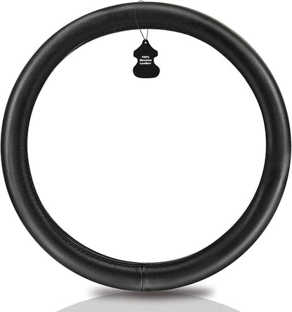 Haokay Heavy Duty Pure Cowhide Steering Wheel Cover, Black Genuine Leather Steering Wheel Cover Men Women Universal 14.5 to 15 Inch