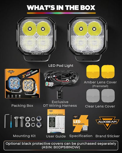 Auxbeam Color Play Series RGB Cube LED Pods, 3-Inch Spot Flood Combo Multi Color Changing Ambient Lights, RGBW 7-Color Backlight Bumper Off-Road Lights with Amber White Covers, 2-Pack