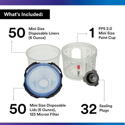 3M PPS 2.0 Spray Gun Cup, Lids and Liners Kit, 26314, Mini, 6 Ounces, 125-Micron Filter, Use for Cars, Furniture, House and More, 1 Paint Cup, 50 Disposable Lids and Liners, 32 Sealing Plugs