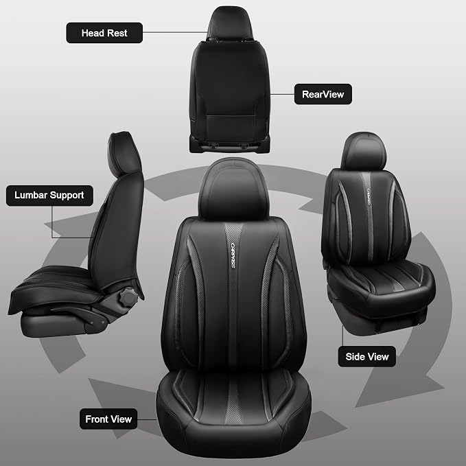 CAR PASS Nappa Leather Car Seat Covers Full Set & Carbon Fiber, Waterproof and Durable All Weather Protector, Universal Fit for SUV Pick-up Truck Sedan Automotive Vehicle Interior (5 Seats, Black)