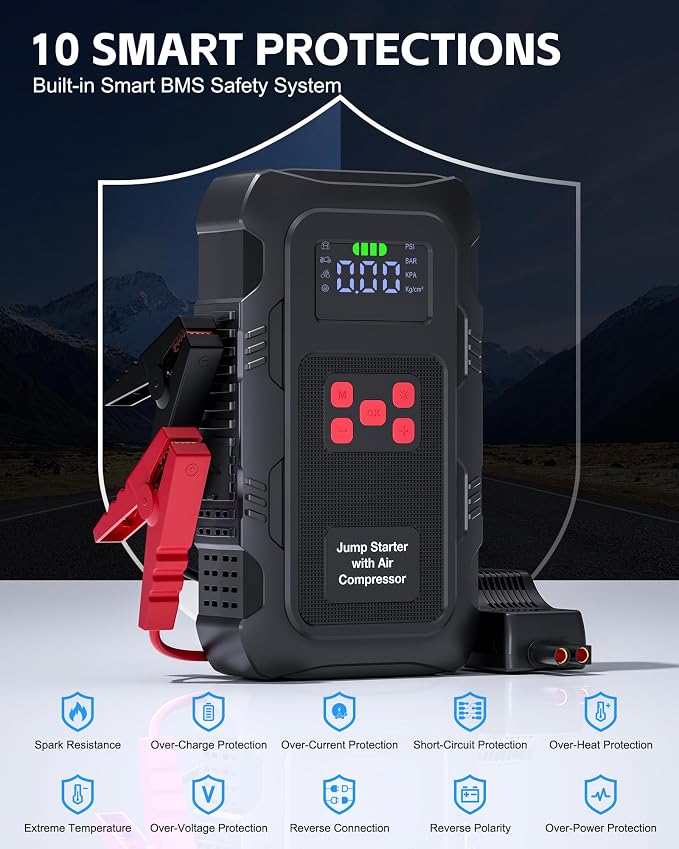 5000A Jump Starter with Air Compressor, Portable Car Battery Jump Starter with 150 PSI Tire Inflator for Up to 10.0L Gas and 8.0L Diesel Engines, 12V Jump Box Battery Charger Booster(Red)