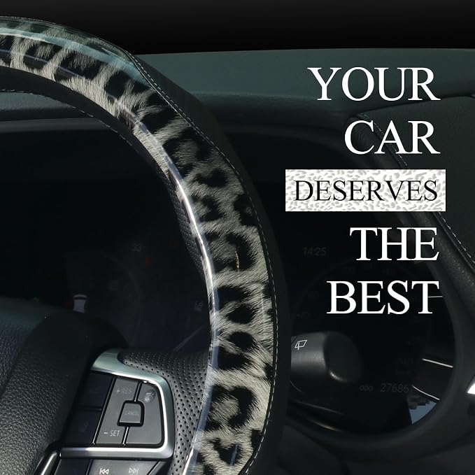 KAFEEK 16 inch Large Steering Wheel Cover, Leopard Cheetah Print with Anti-Slip Carbon Fiber Texture, Breathable Wheel Protector for Ford F150 F250 F350, Ram 1500 2500, Toyota Tacoma Tundra, Black