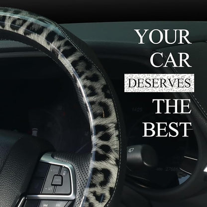 KAFEEK Glossy Leopard Print Steering Wheel Cover, 15 inch Carbon Fiber Texture Car Accessories for Women, Cheetah Pattern, Non-Slip Microfiber Leather, Universal Fit for SUV/Sedan, Black