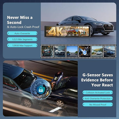 12" Rear View Mirror Camera 4K + 2K Mirror Dash Cam Front and Rear with STARVIS Night Vision Rearview Mirror Backup Camera, WDR, G-Sensor, Loop Recording, GPS, App, 64GB Card