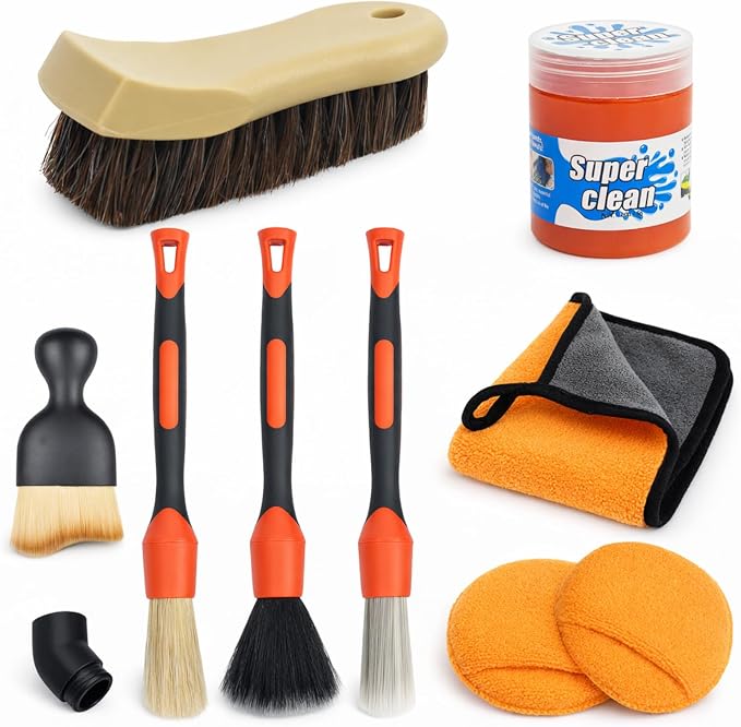 9PCS Car Detailing Brush, Horse Hair and Boar Bristle Brush Set with Elbow Adapter, Microfiber Wax Applicator Pads, Drying Towel and Cleaning Gel,Cleaning Kit for Interior Exterior