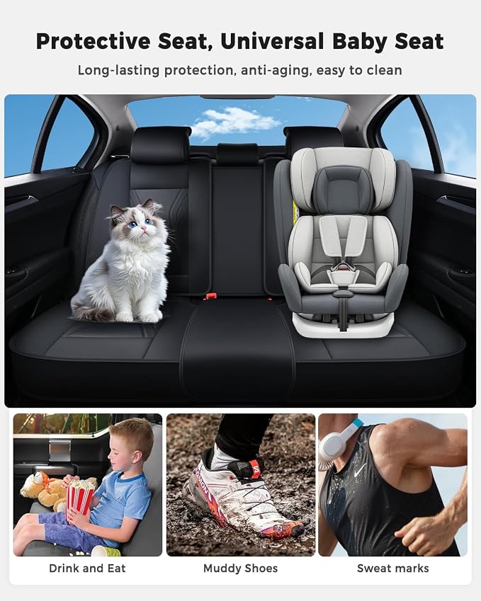 Huidasource Rear Seat Covers, Waterproof Faux Leather Rear Bench Seat Covers, Universal Fit Back Seat Cover for Most Cars Sedans SUVs Pickups Trucks, Black