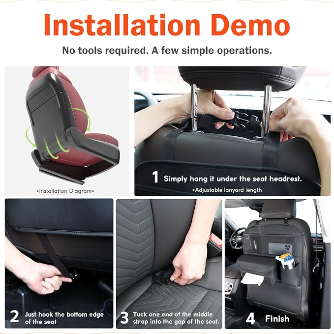 PU Leather Car Seat Back Organizer with Kick Mat Protectors, Tissue Box Storage, Cup Holder, Phone Holder for Road Trips. (Black)
