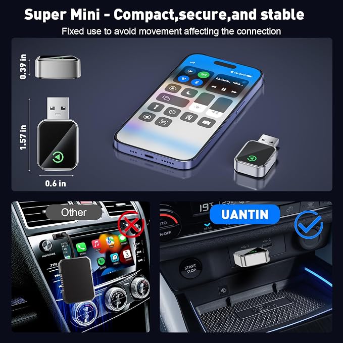 UANTIN Wireless CarPlay Adapter 2025 Upgrade Wired CarPlay to Wireless, Mini USB Design for Cars with Built-in Wired Apple Car Play Plug and Play Easy Use Fast Stable Connection for iPhone