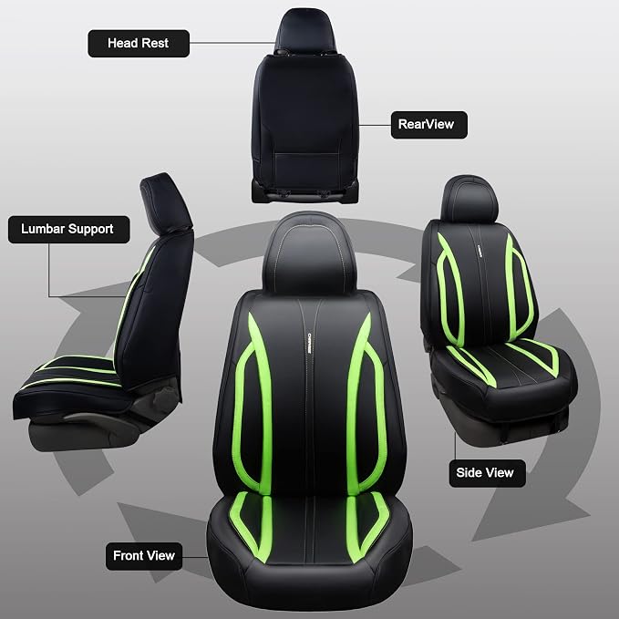CAR PASS Fluorescent Green & Nappa Leather Seat Covers Full Set, with Backrest Cushion Protector Waist Protection Universal Fit for SUV Pick-up Truck, Automotive Vehicle Interior (Black Green)