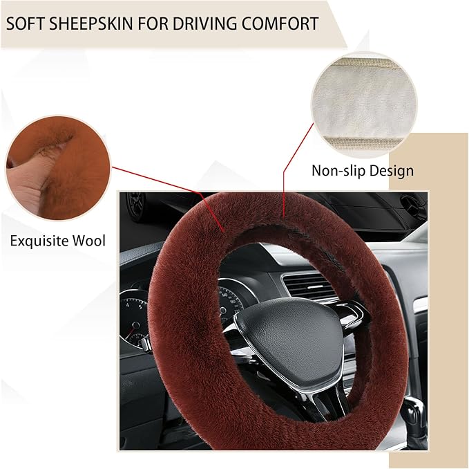 Ziciner Fuzzy Steering Wheel Cover, 15 inch Soft Wool Fur Steering Wheel Protector, Fluffy Wheel Covers for Winter Warm, Car Interior Decoration Accessories for Women Men (Coffee)