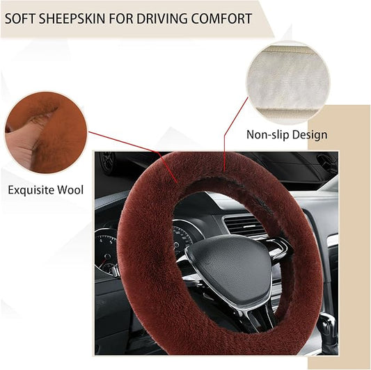 Ziciner Fuzzy Steering Wheel Cover, 15 inch Soft Wool Fur Steering Wheel Protector, Fluffy Wheel Covers for Winter Warm, Car Interior Decoration Accessories for Women Men (Coffee)
