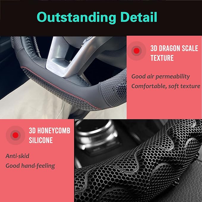 PINCTROT D Shaped 14.5-15 Inch Steering Wheel Cover Great Grip with 3D Honeycomb Anti-Slip Design, Flat Bottom 14.5-15 Inch (Black/Red Stitch)