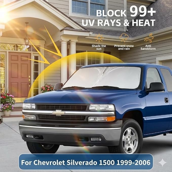 Windshield Sun Shade for Chevy Silverado 1500 1999-2006 Sunshade Front Window Shade Custom Fit Silverado 1500 Accessories Sun Visor Foldable Shade Blocks UV Rays Accessories