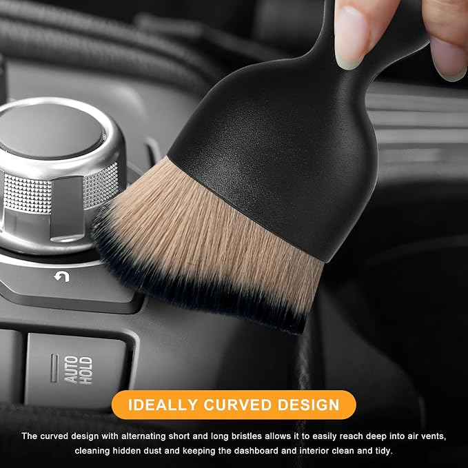 2 PCS Car Interior Detailing Brush, Curved Car Interior Cleaning Brush with Ultra Soft Bristles & Dust Cover, Scratch-Free Auto Dusting Brushes for Dashboard AC Vent Leather (Brown & Black)