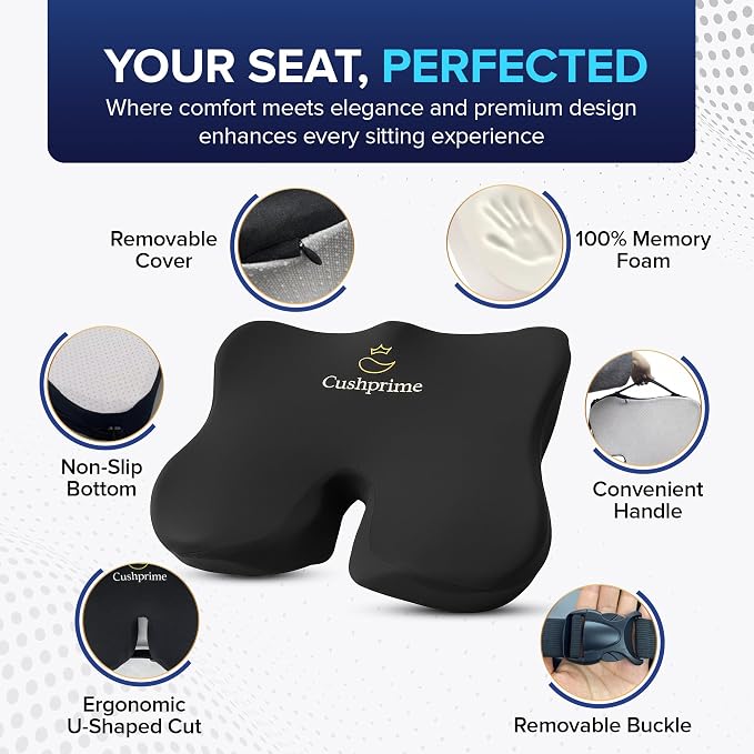 Seat Cushion for Chair, Memory Foam Seat Cushion for Tailbone Pain Relief- Ergonomic Support for Coccyx, Back & Butt- Office & Truck Ergonomic Chair Cushion, Black