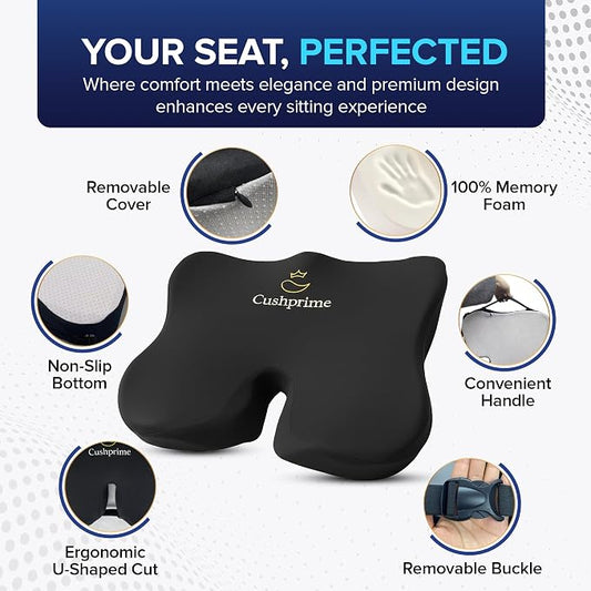 Seat Cushion for Chair, Memory Foam Seat Cushion for Tailbone Pain Relief- Ergonomic Support for Coccyx, Back & Butt- Office & Truck Ergonomic Chair Cushion, Black