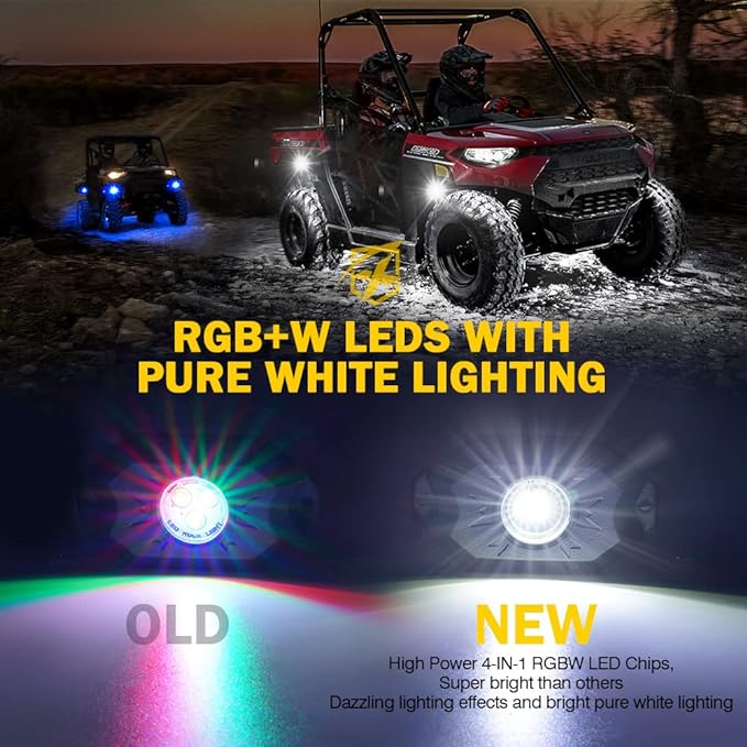 Xprite RGBW LED Rock Lights Kit with Bluetooth & Wireless Remote Controller, Multicolor Cars Underglow, Wheel, Footwell Neon Light Kits, for Off-Road UTV ATV Trucks SUV Motorcycle Boats - 8 Pods