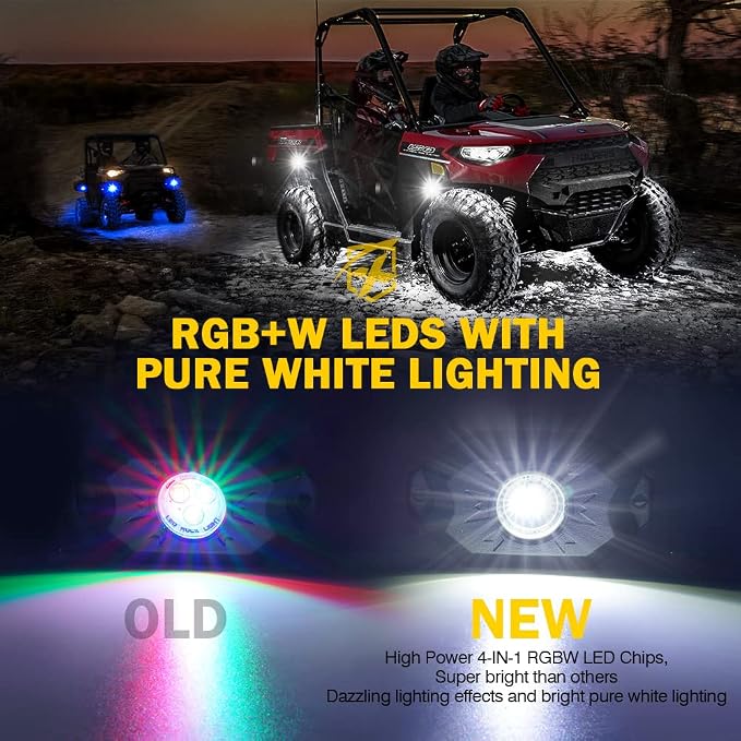 Xprite RGBW LED Rock Lights Kit with Bluetooth & Wireless Remote Controller, Multicolor Cars Underglow, Wheel, Footwell Neon Light Kits, for Off-Road UTV ATV Trucks SUV Motorcycle Boats - 4 Pods