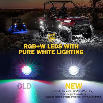 Xprite RGBW LED Rock Lights Kit with Bluetooth & Wireless Remote Controller, Multicolor Cars Underglow, Wheel, Footwell Neon Light Kits, for Off-Road UTV ATV Trucks SUV Motorcycle Boats - 4 Pods