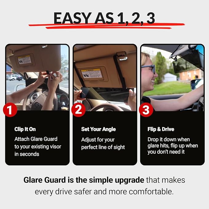 Glare Guard Professional-Grade Polarized Sun Visor Extender –Anti-Glare Sun Glare Blocker for Car Windshields, Adjustable Clip-On UV400 Tinted Visor Extension for Cars, Trucks & SUV (w/Storage Pouch)
